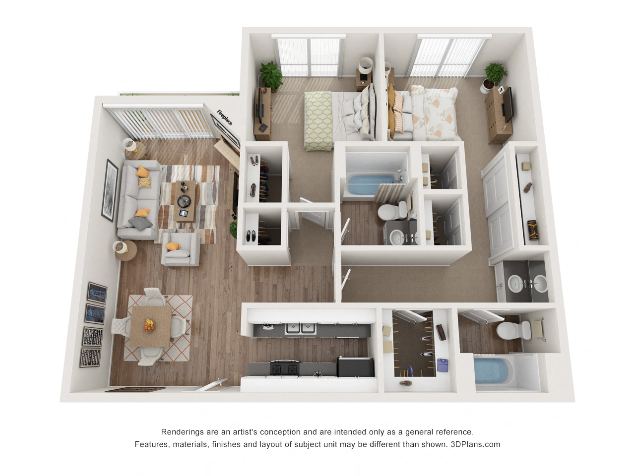 Floor plan for 2 beds, 2 baths, 1131 sqft